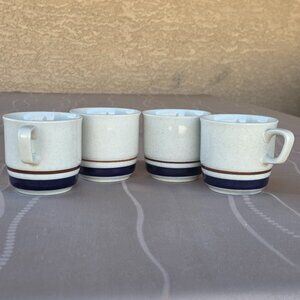 Contemporary Chateau Hand Painted Stoneware w blue Bands Coffee Cup Mug Vintage